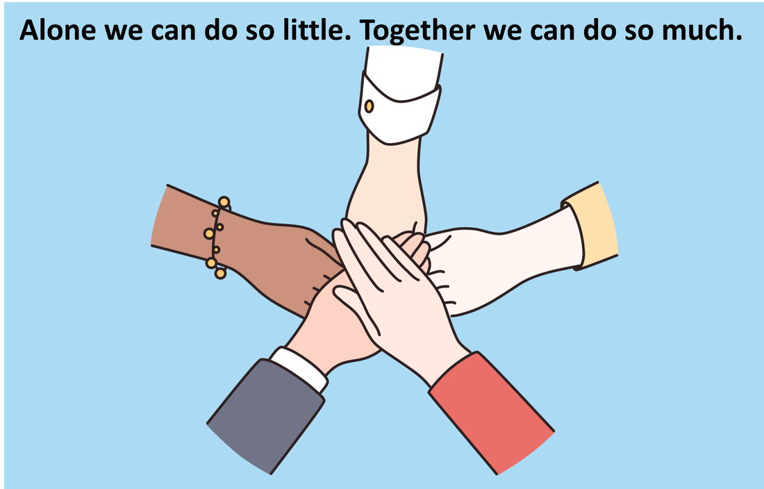 Clip art showing 5 hands, different skin shades, clasped over one another. A quote attributed to Helen Keller is typed in: 