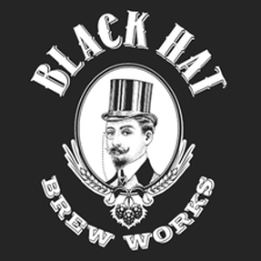 Black Hat Brew Works logo with image of a man wearing a top hat and a monocle.