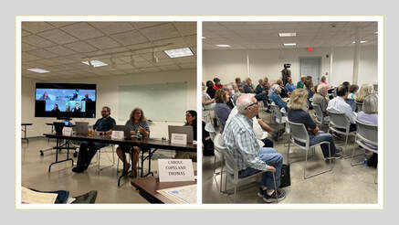Left: Forum panelists in library and via Zoom. Right: Forum attendees.