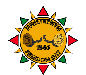 Bridgewater MA Juneteenth Logo. Brown and tan hands inside an orange sunburst, pull apart a chain with the words 