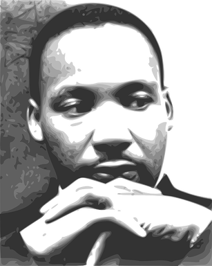 Image of Martin Luther King Jr.'s face with his hands clasped in front of his face.