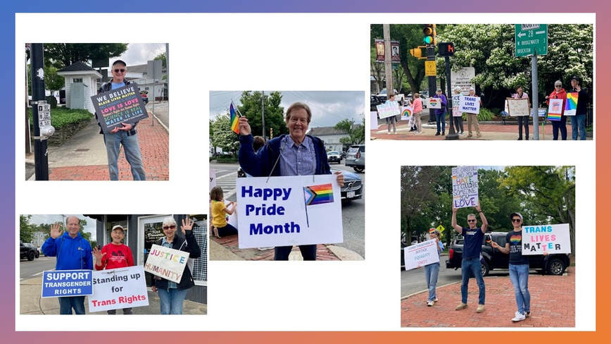 June 10, 2023 LBGtQ+ Standout described in text surrounding photo. BCCR members hold flags supporting LGBTQ+ and trangender lives.