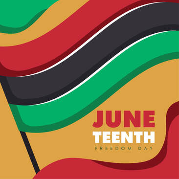 Clip art of Juneteenth flag with flagpole. Colors are green, red, and orangey-yellow. Text says 