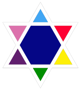 Star of David with colors light blue, red, yellow, green, purple, and pink within each point and dark blue in the center.