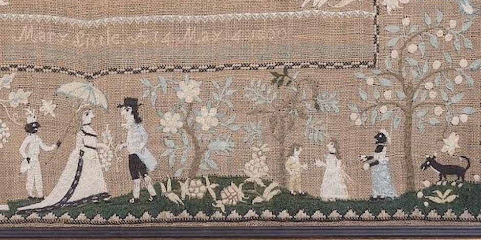 Image: Mary Little (b. 1786-1871?), sampler, Newburyport, Massachusetts, 1800, silk on linen, 18 x 22 in., William Butterworth Foundation, Moline, Illinois, 989.108.1Picture