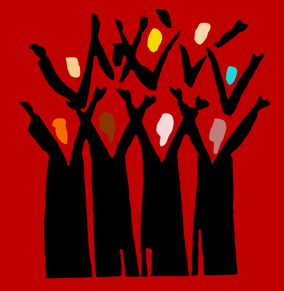 Lift up your voice diverse choir. Clip art image of choir singers in black robes with arms outstretched up in the air. Faces are abstract shapes with colors of orange,  brown, pink blue, and yellow. Background is deep reddish brown.