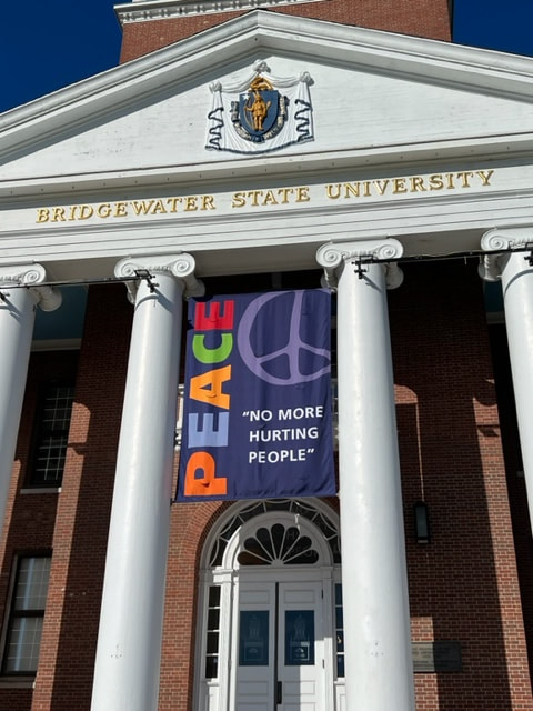 Boyden Hall at Bridgewater State University, showing a banner that reads, 