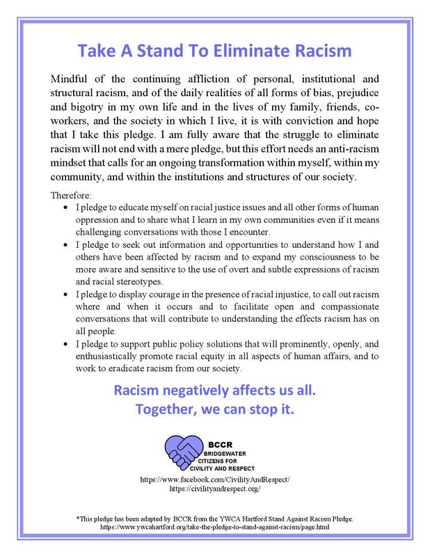 Image of BCCR pledge card: several paragraphs describe taking a stand to eliminate racism