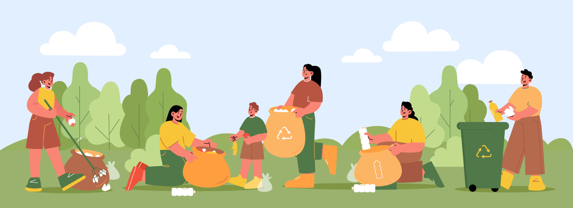 Image of individuals cleaning up a tree bordered area, wearing gloves and holding rakes, garbage bags, and a recycle bin.